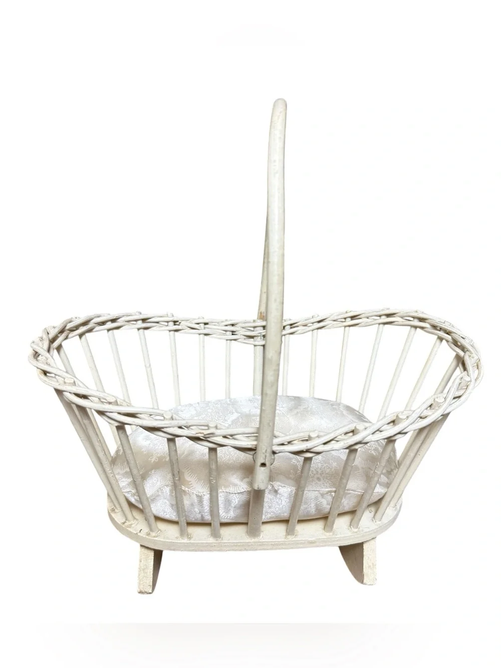 Vintage Wicker Baby Doll Bed With Soft Pillow Antique Off White